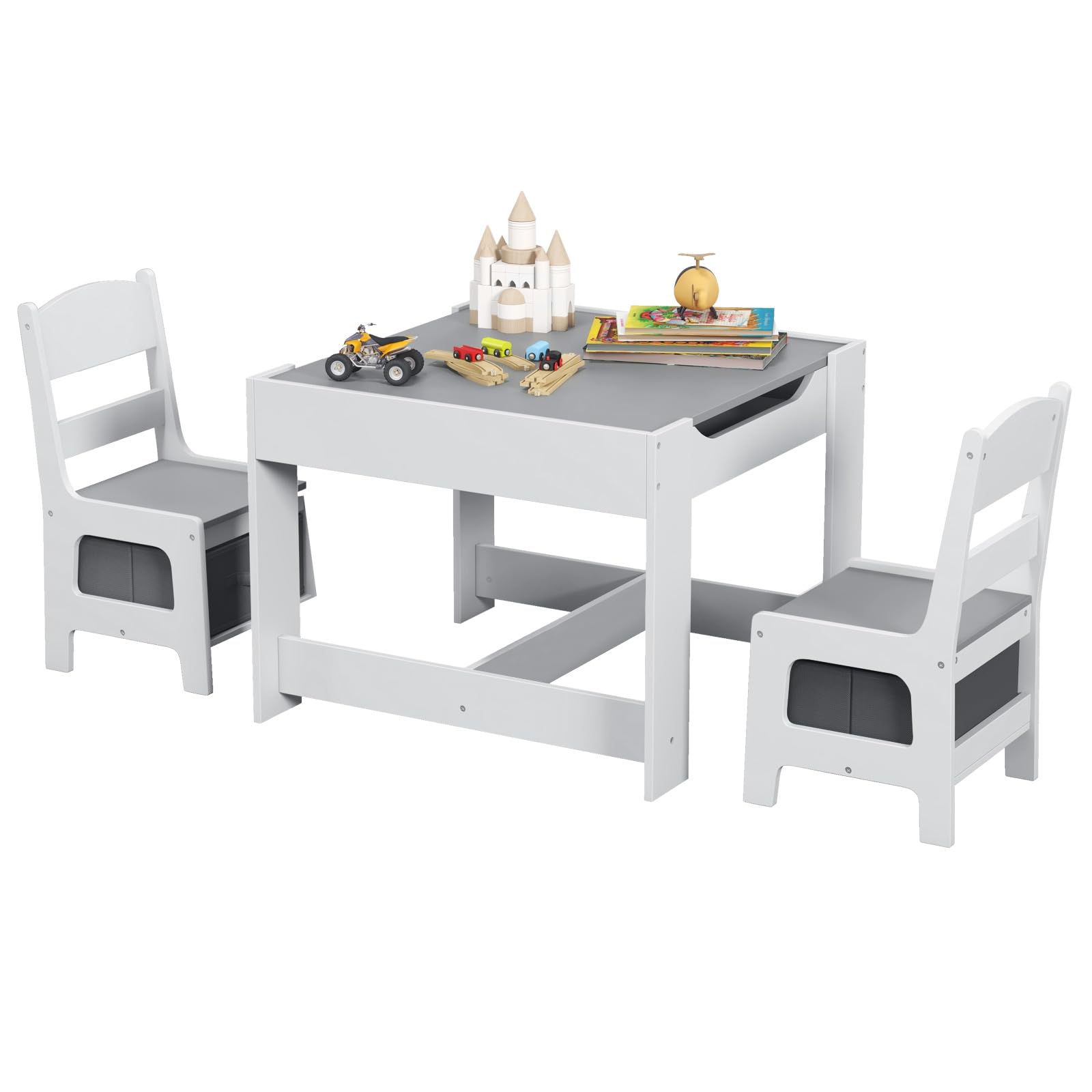 Costzon Kids Table And Chair Set, 3 In 1 Wooden Activity Table With Storage Drawer, Detachable Tabletop For Children Drawing Reading Art Craft, Playroom, Nursery, Toddler Table And Chair Set, Gray